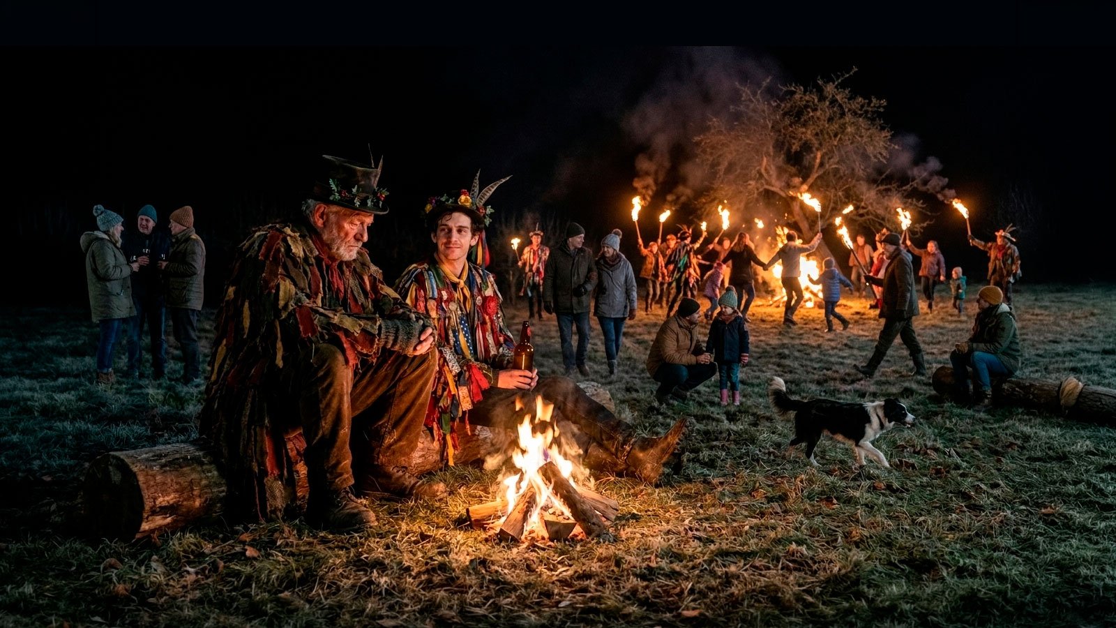 Still from Wake the Orchard — villagers in tatter coats around a bonfire in a night orchard